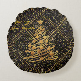 Modern, Kerstboom, Zwart Gouden Kruis Patroon Rond Kussen
