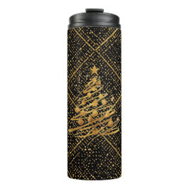Modern, Kerstboom, Zwart Gouden Kruis Patroon  Thermosbeker
