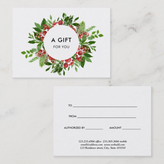 Modern kerstcadeaubon Holly Red Berry Kortingskaartje (Voorkant / Achterkant)