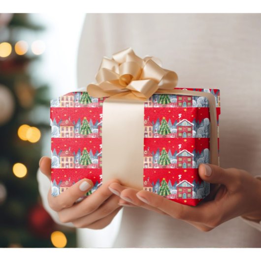 Modern kerstdorp cadeaupapier