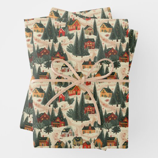 Modern kerstdorp inpakpapier vel (In situ)