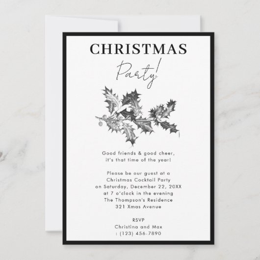 Modern kerstfeest zwart wit Holly bessen Kaart (Voorkant)