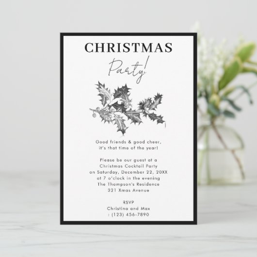 Modern kerstfeest zwart wit Holly bessen Kaart (Staand voorkant)
