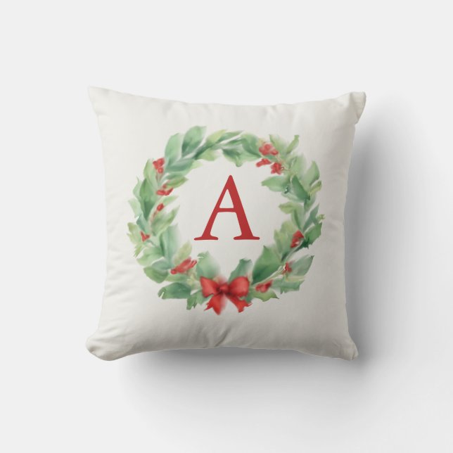 Modern kerstkrans watercolor monogram kussen (Voorkant)