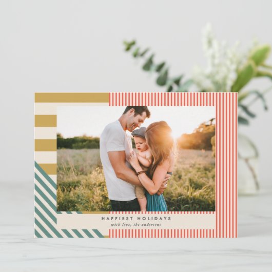 Modern Kerstmis Eén Foto Met Strepen Feestdagenkaart (Staand voorkant)