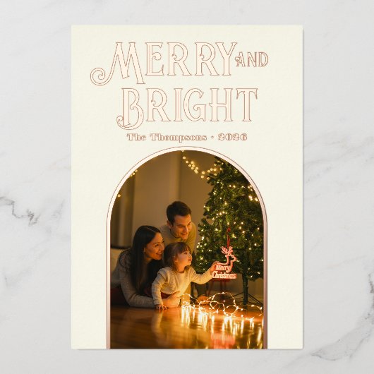 Modern Kerstmis Foto met Ivoor & Roségoud Folie Feestdagenkaart (Voorkant)