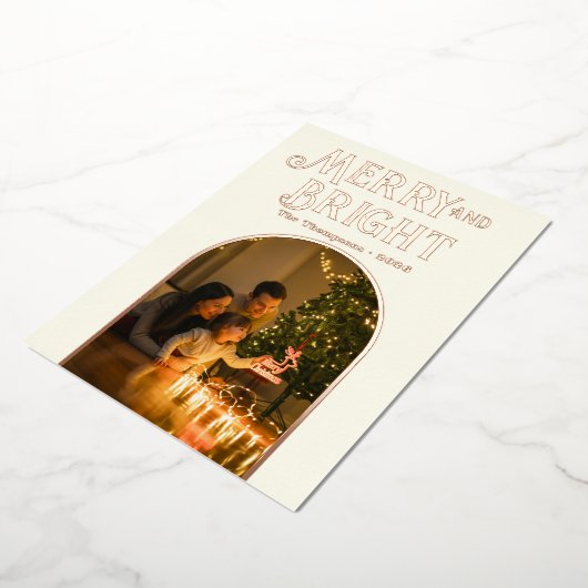 Modern Kerstmis Foto met Ivoor & Roségoud Folie Feestdagenkaart (Gedraaid)