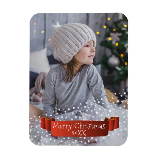 Modern Kerstmis Foto / rode lint sterren Magneet (Verticaal)