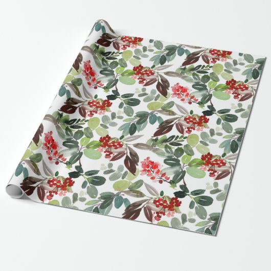 Modern Kerstmis Holly Patroon Cadeaupapier (Uitgerold)
