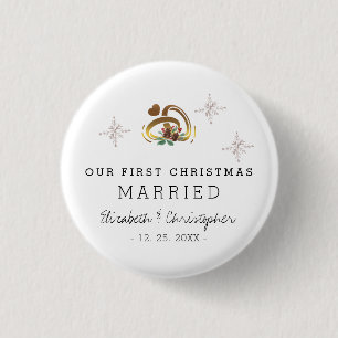 Modern Kerstmis Onze Eerste Getrouwd Vakantie Ronde Button 3,2 Cm
