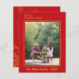 Modern Kerstmis Rood Goud Familie Foto Notitiekaartje