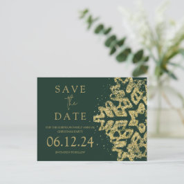 Modern Kerstmis Save The Date Gold Glitter Groen Aankondigingskaart