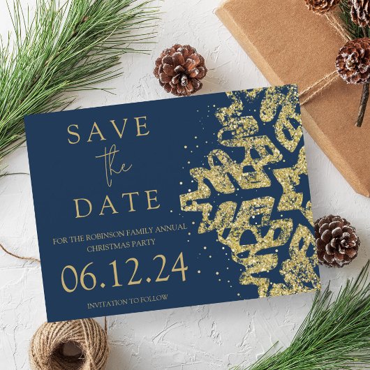 Modern Kerstmis Save The Date Gold Glitter Navy Aankondigingskaart