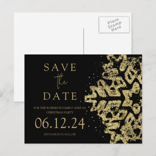 Modern Kerstmis Save The Date Gold Glitter Zwart Aankondigingskaart (Voorkant / Achterkant)