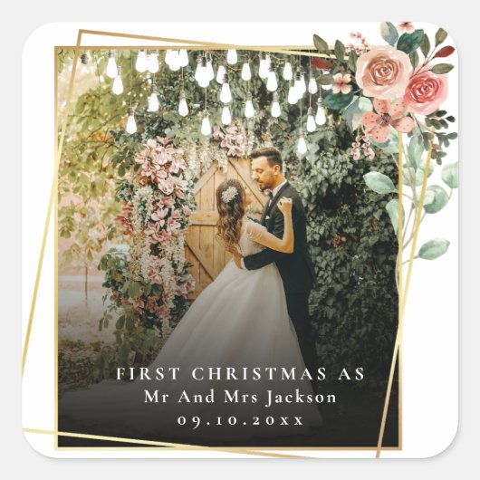Modern Kerstmis voor Mr & Mrs Bloemstuk Vierkante Sticker (Voorkant)