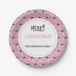 Modern Kerstmis Zwart en Wit Patroon op Roze Papieren Bordje