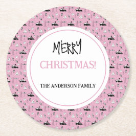Modern Kerstmis Zwart en Wit Patroon op Roze Ronde Kartonnen Onderzetter