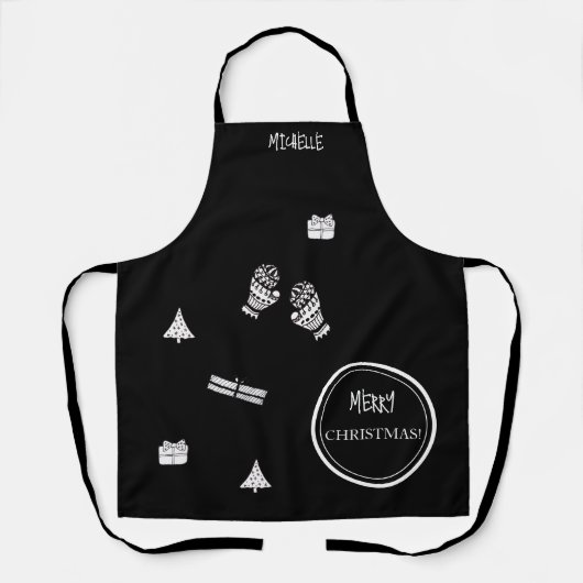 Modern Kerstmis Zwart-Wit Gepersonaliseerd Schort (Voorkant)