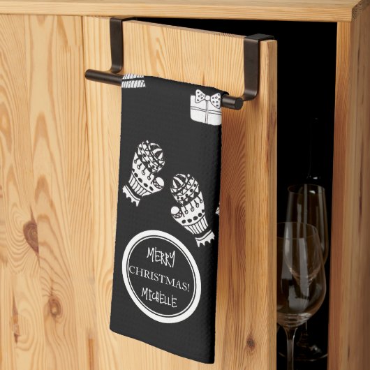 Modern Kerstmis Zwart-Wit Gepersonaliseerd Theedoek (Derde Gevouwen)