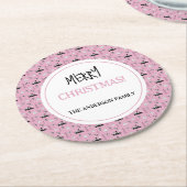 Modern Kerstmis Zwart-wit Patroon op Roze Ronde Kartonnen Onderzetter (Gebogen)