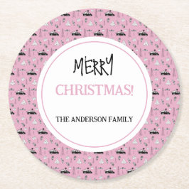 Modern Kerstmis Zwart-wit Patroon op Roze Ronde Kartonnen Onderzetter