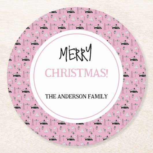 Modern Kerstmis Zwart-wit Patroon op Roze Ronde Kartonnen Onderzetter (Voorkant)