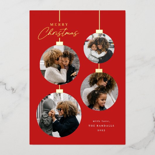 Modern Kerstornament 4 Fotocollage Folie Feestdagenkaart (Voorkant)