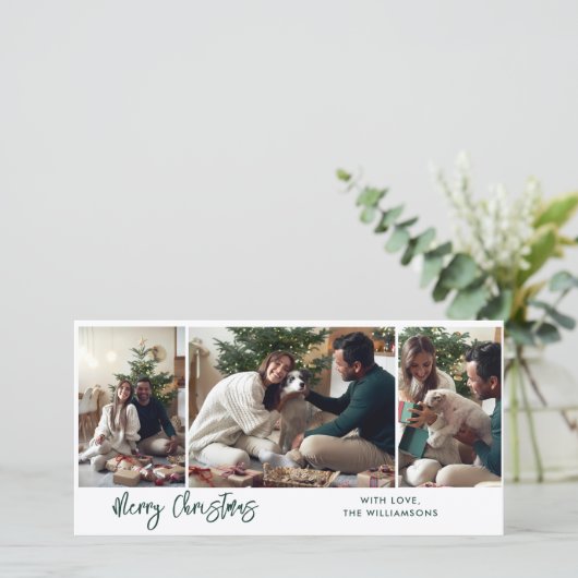 Modern Kerstscript 3 foto's Feestdagenkaart (Staand voorkant)
