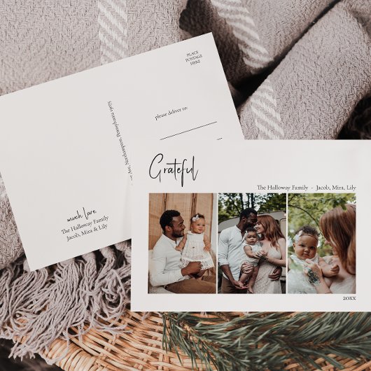 Modern kerstscript, drie foto's met dank feestdagenkaart