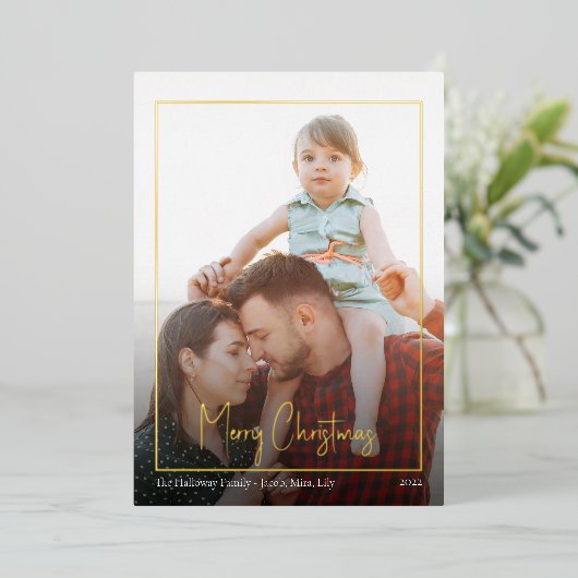 Modern kerstscript | Framed-foto Gold Folie Feestdagenkaart (Staand Voorkant)