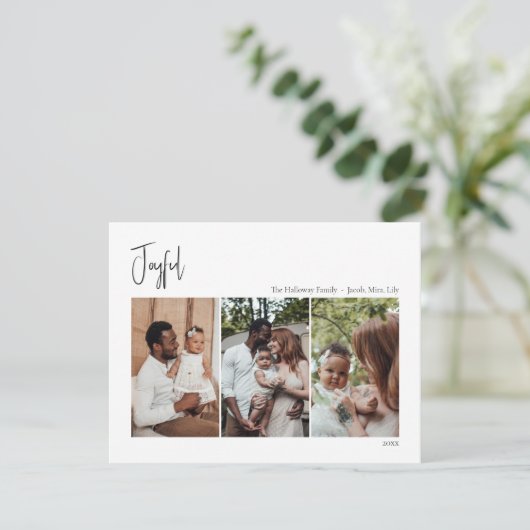 Modern kerstscript, leuk met drie foto's feestdagenkaart (Staand voorkant)