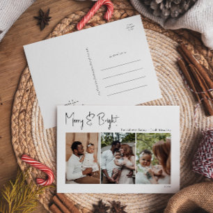 Modern kerstscript, Merry & Bright Three-Photo Feestdagenkaart