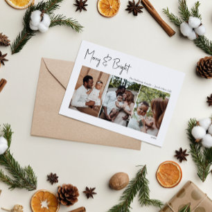 Modern kerstscript, Merry & Bright Three-Photo Feestdagenkaart