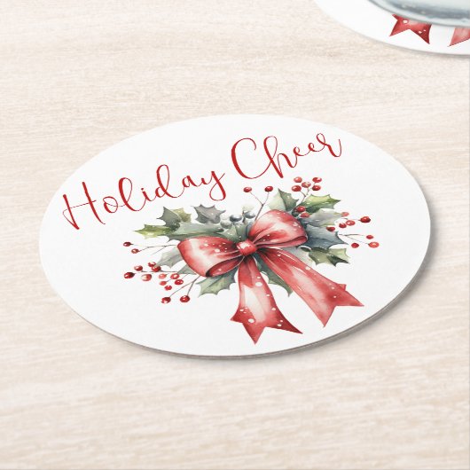 Modern kerstvakantie Cheer Script Red Bow Ronde Kartonnen Onderzetter (Gebogen)