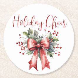 Modern kerstvakantie Cheer Script Red Bow Ronde Kartonnen Onderzetter