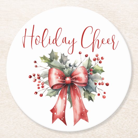 Modern kerstvakantie Cheer Script Red Bow Ronde Kartonnen Onderzetter (Voorkant)