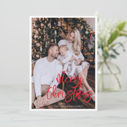 Modern kerstvakantie rood script met foto kaart (Staand voorkant)
