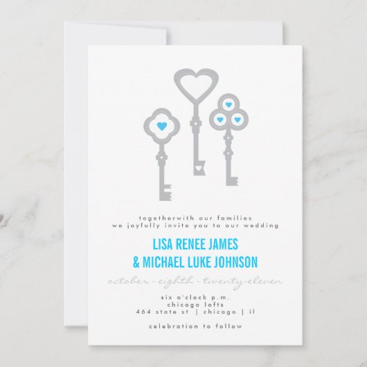 Modern Key met Hearts Wedding Invitation Kaart (Voorkant)