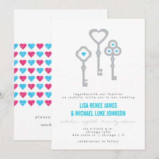 Modern Key met Hearts Wedding Invitation Kaart (Voorkant / Achterkant)