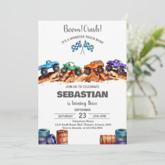 Modern Kids Monster Trucks Birthday Party Kaart