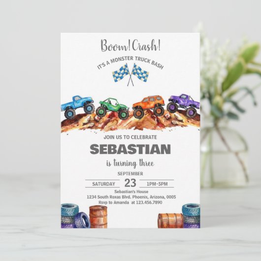 Modern Kids Monster Trucks Birthday Party Kaart (Staand voorkant)