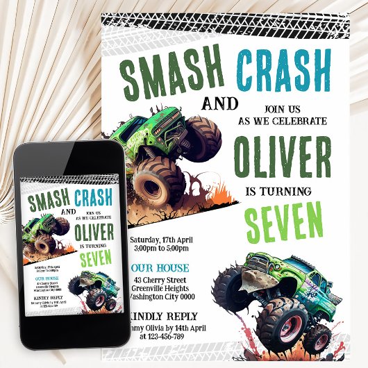 Modern Kids Monster Trucks Birthday Party Kaart