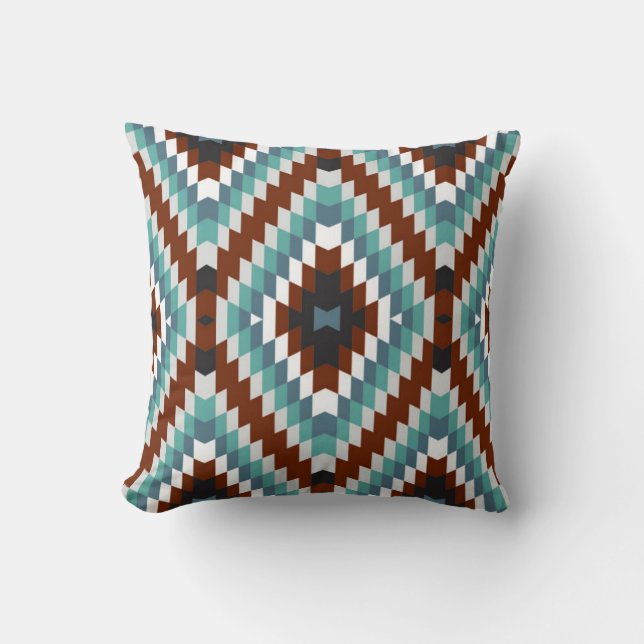 Modern Kilim Patroon Roest en Aqua Kussen (Voorkant)