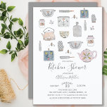 Modern Kitchen Bridal Shower Kaart<br><div class="desc">Moderne keukendoucheuitnodiging met essentiële keuken in grijze,  roze en blauwe waterverf. Draai ons vee de keuken uit om een coördinerend grijs terug te uitzichten voor een extra speciale aanraking.</div>