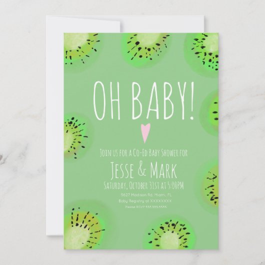 Modern Kiwi Baby shower Waterverf Polk Stippen Roz Kaart (Voorkant)