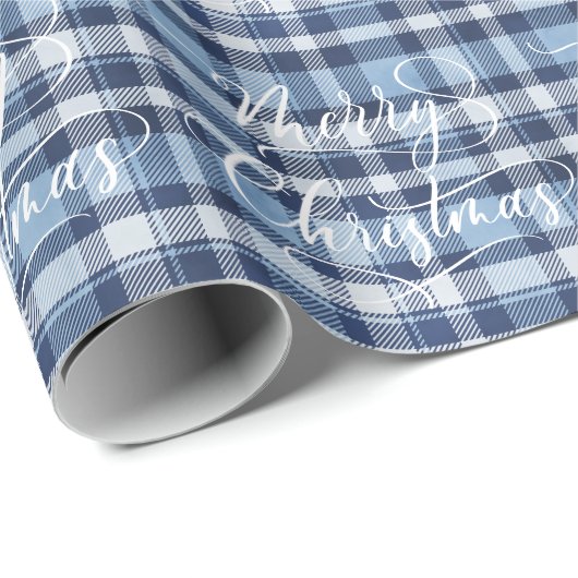 Modern Klassiek Blauw Plaid Vrolijke Kerstvakantie Cadeaupapier (Rol Hoek)