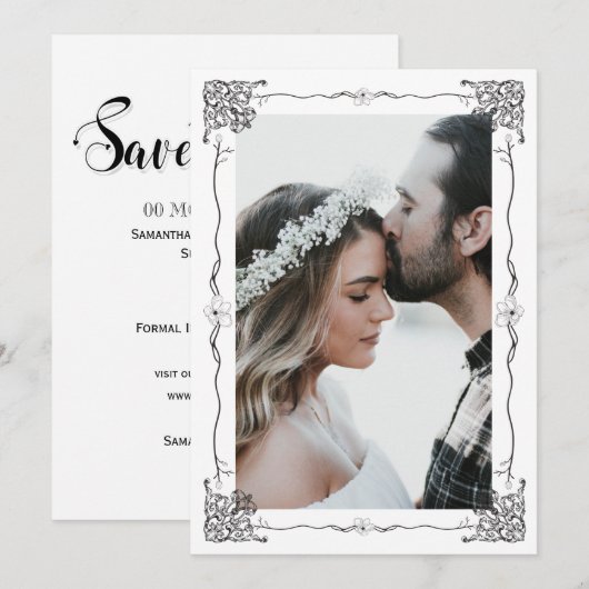 Modern klassiek een foto lijn ornament lijst save the date (Voorkant / Achterkant)