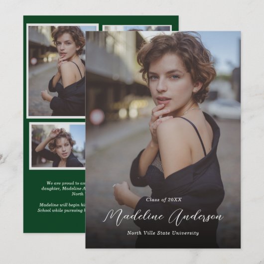 Modern klassiek groen fotocollage Afstuderen Aankondiging (Voorkant / Achterkant)
