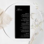 Modern klassiek menu met zwarte bruiloft<br><div class="desc">Dit moderne klassieke zwarte trouwflatmenu is perfect voor je elegante moderne bruiloft. Dit ontwerp is voorzien van witte eenvoudige kalligrafie die op een donkere zwarte achtergrond is geplaatst om te passen aan uw klassieke bruiloft of minimalistische boho bruiloft in de lente, zomer, herfst of winter. Geef ons alstublieft de vrijheid...</div>