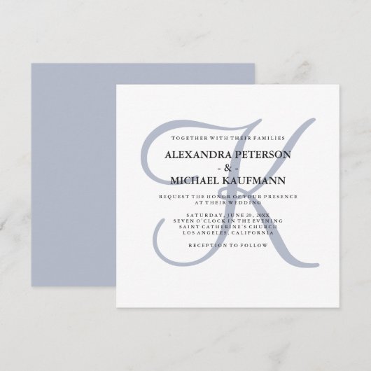 Modern klassiek monogram | Dusty Blue Wedding Kaart (Voorkant / Achterkant)